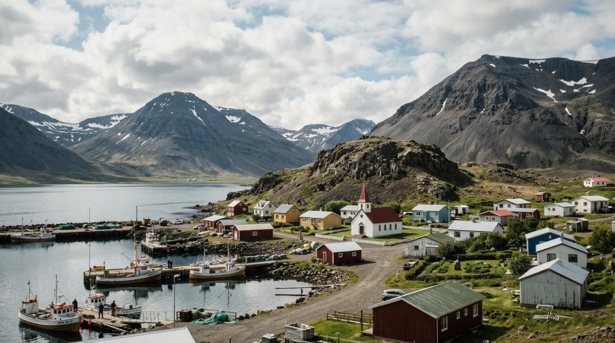 The village of Bakkagerdi at the head of Borgarfjordur Eystri fjord in East Iceland, with the church, the elf rock and scree mountains behind