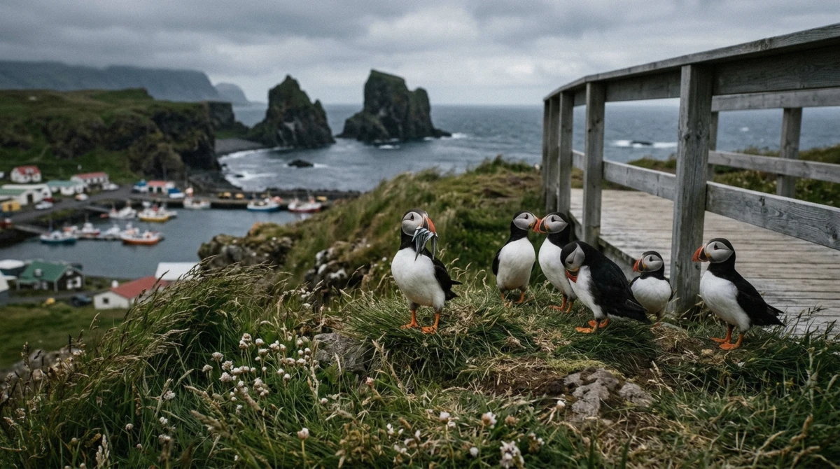 Puffins standing on the grassy cliff top at Hafnarholmi beside the wooden viewing platform, the wildlife stop on puffin Seydisfjordur tours