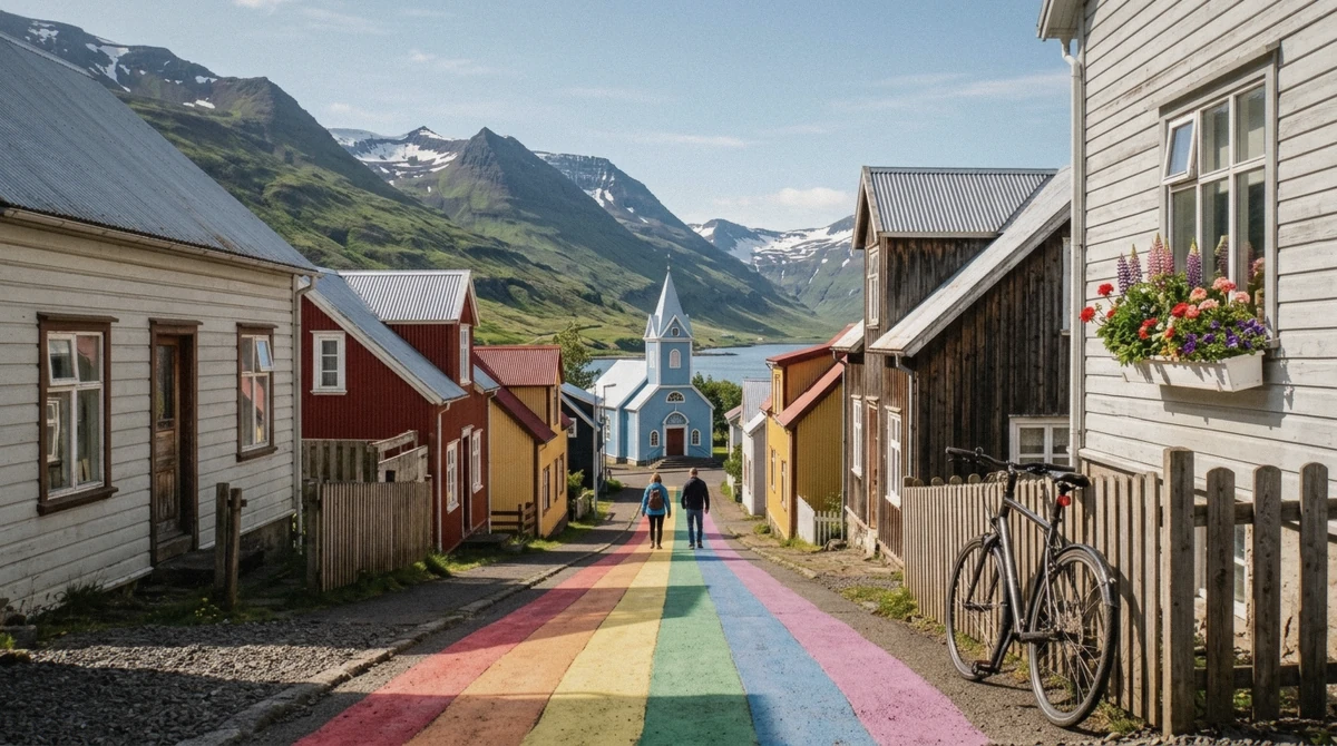The rainbow-painted street running up to the blue church between timber houses in Seydisfjordur, East Iceland