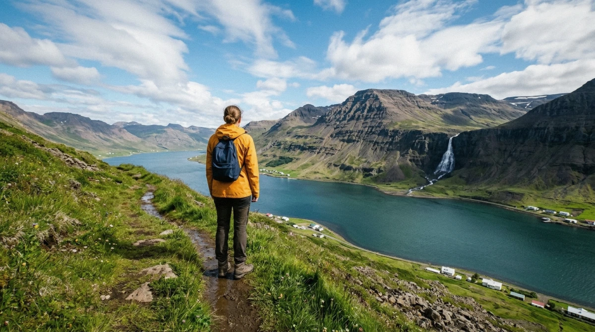 A walker in a rain shell and hiking boots on a green path above a sunlit fjord in East Iceland
