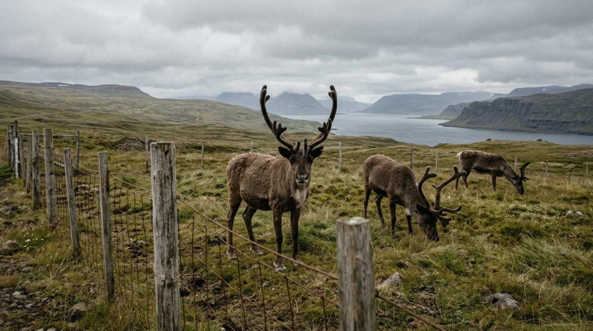 Icelandic reindeer in a pasture above a fjord at the Reindeer Park, an optional add-on to the Studlagil Canyon private tour