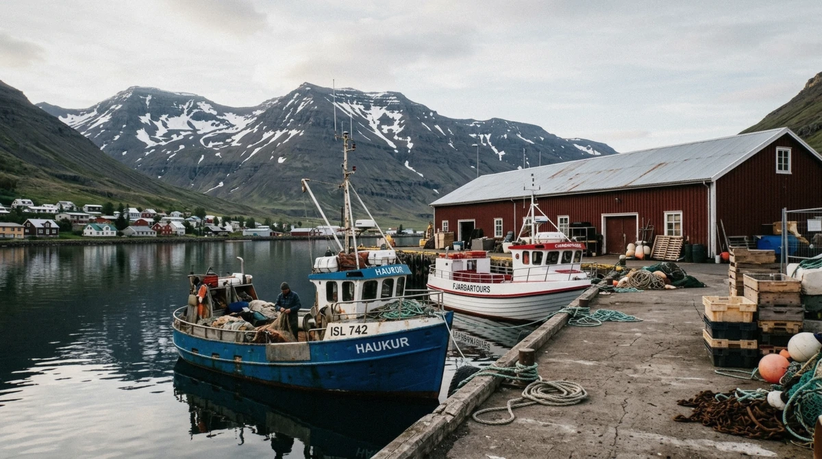 The working harbour at Seydisfjordur with fishing boats and a tour boat, a short walk from the cruise berths